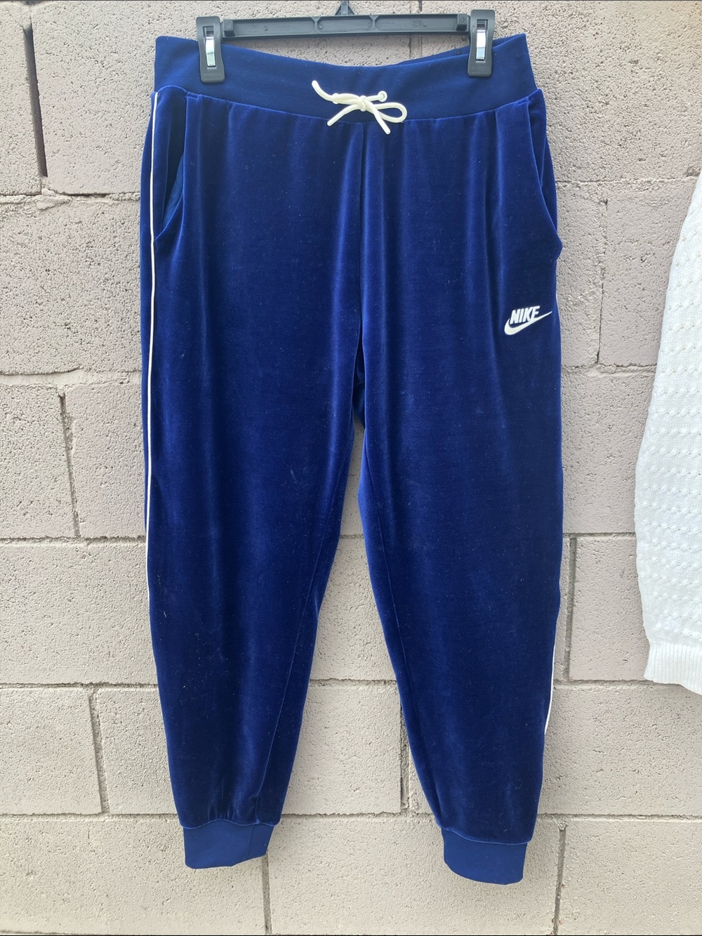 Nike Navy Blue Velour Track Joggers with White Accents